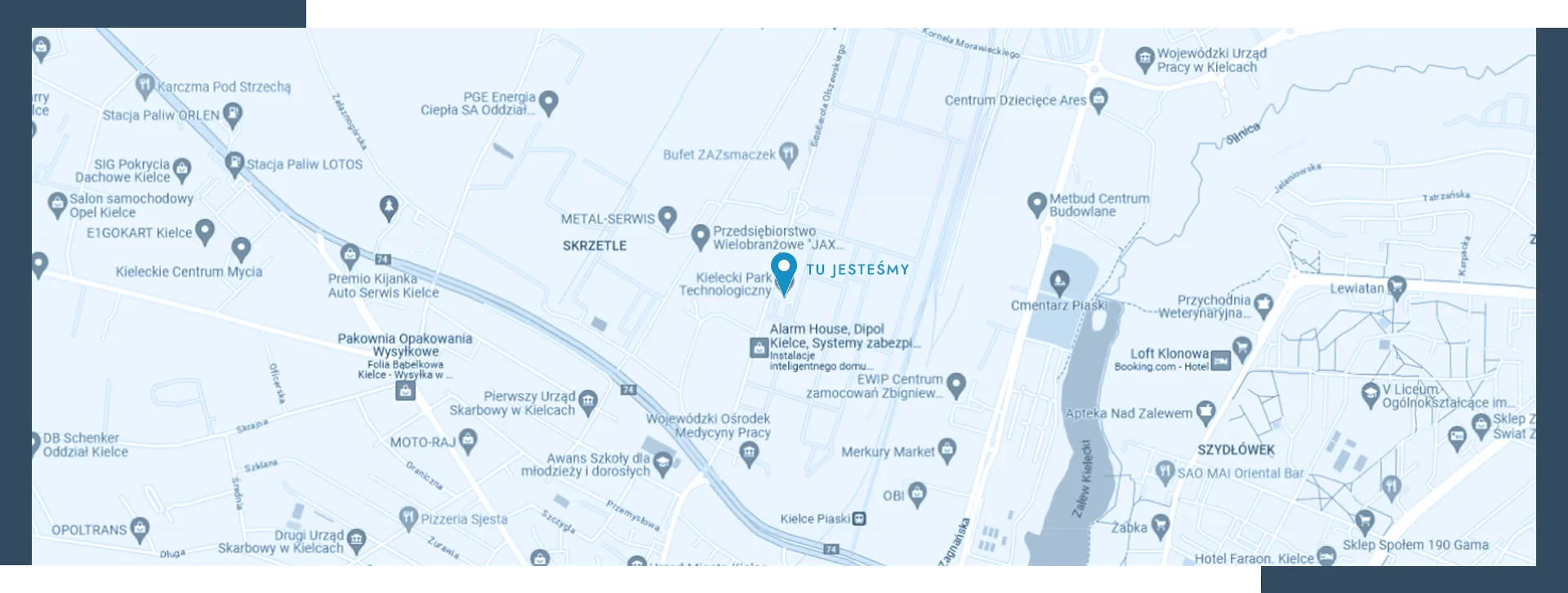 Mapa Kielc ze znacznikiem siedziby Fundacji Rozwoju Przemysłu przy ul. Olszewskiego 6, w dzielnicy Piaski, niedaleko Kieleckiego Parku Technologicznego.