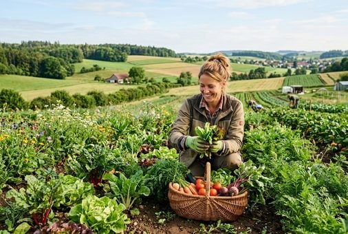 Rolniczka zbierająca warzywa w gospodarstwie ekologicznym